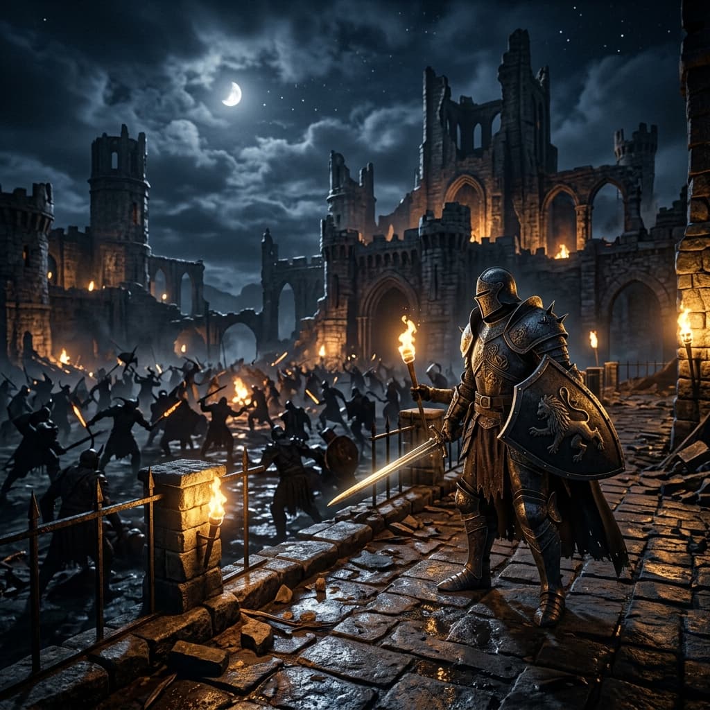 Knight Online temalı karanlık fantezi pazar arka planı